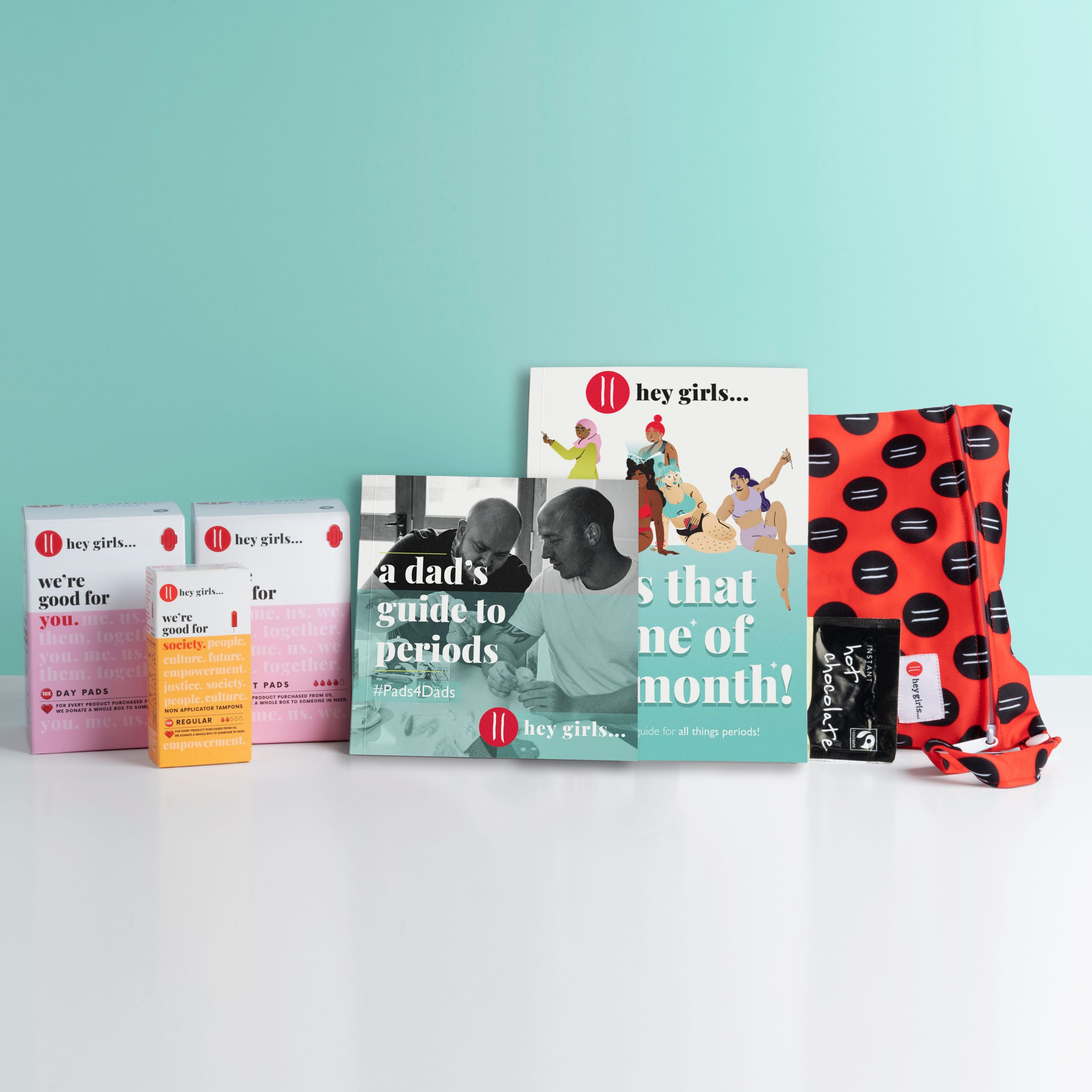 Hey Girls Pads for Dads kit - Product selection and Dad's Guide to Periods booklet