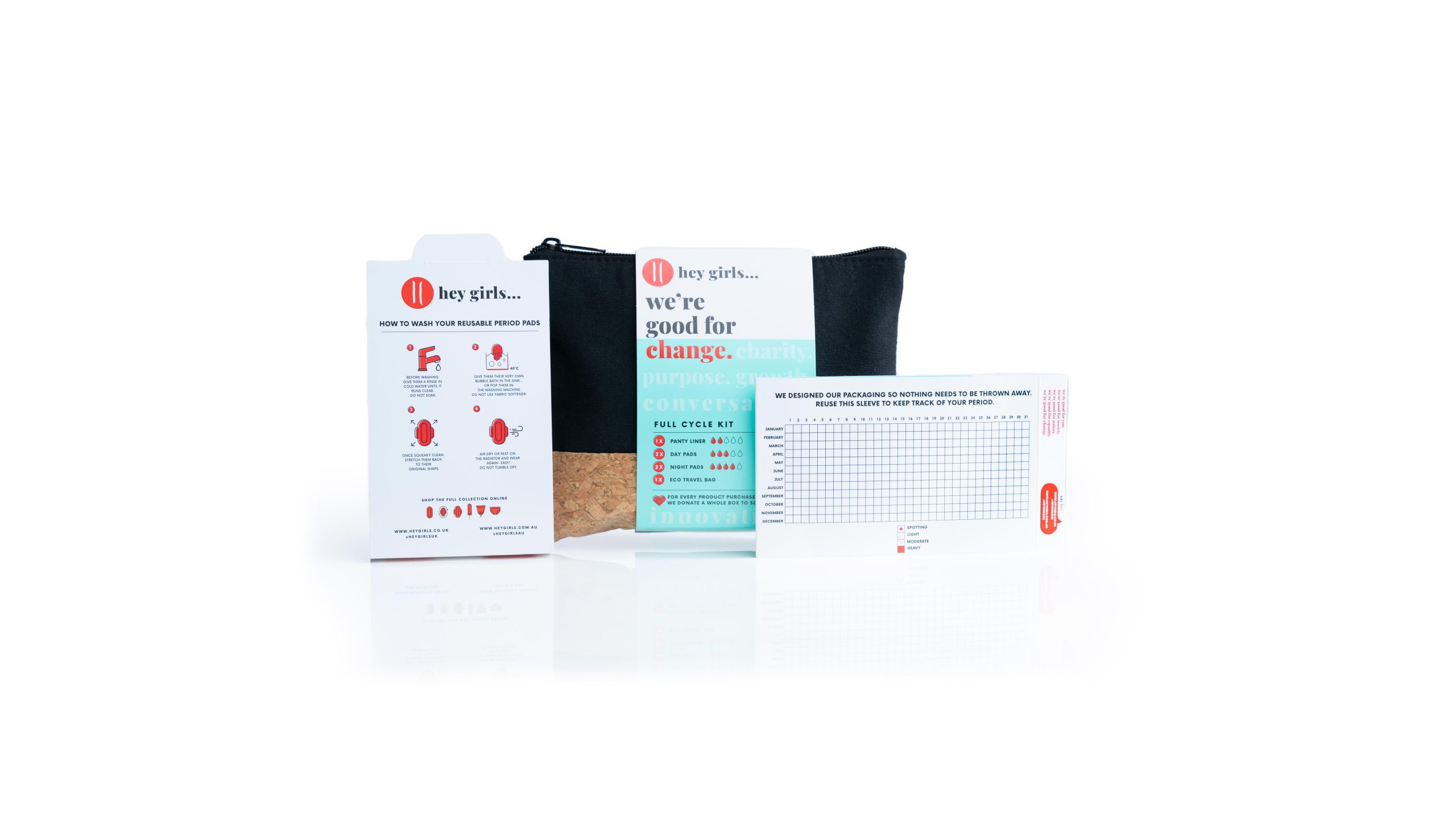 Hey Girls Full Cycle kit of reusable period Pads with eco bag and period tracking chart