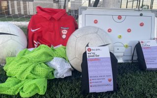 hey girls period pants featured with soccer jerseys and balls in the photo
